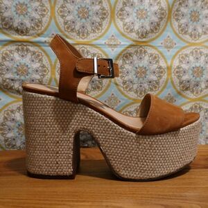 SCHUTZ Cognac Nubuck Platform Sandals with Woven Covered Cut-out Wedge, 6½